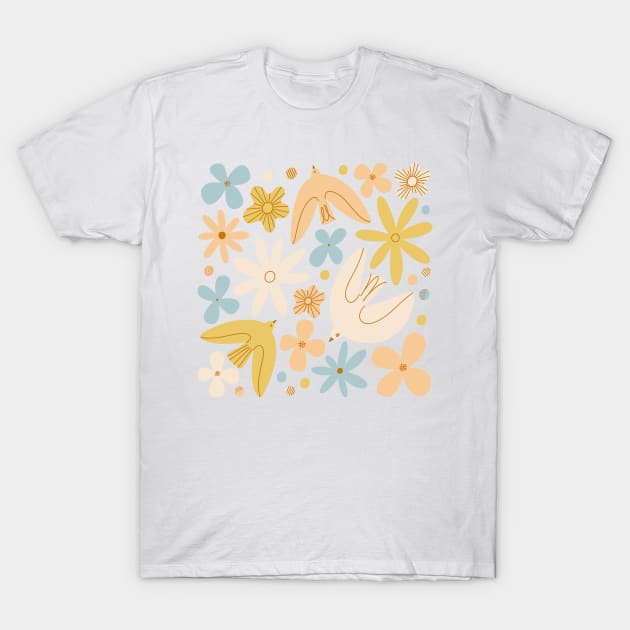 Gentle birds and flowers composition T-Shirt by Stolenpencil